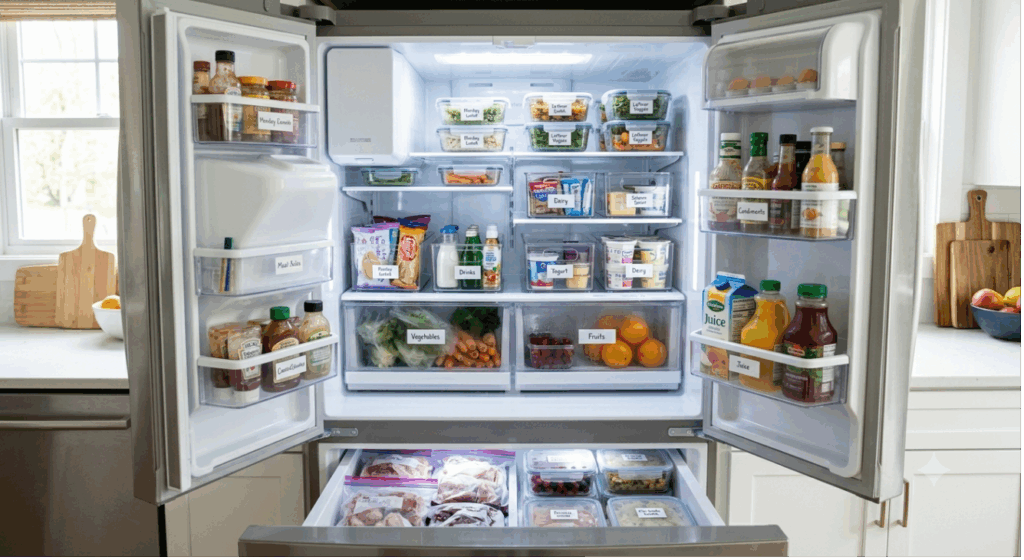 Organised refrigerator interior with neatly arranged food and beverages on glass shelves