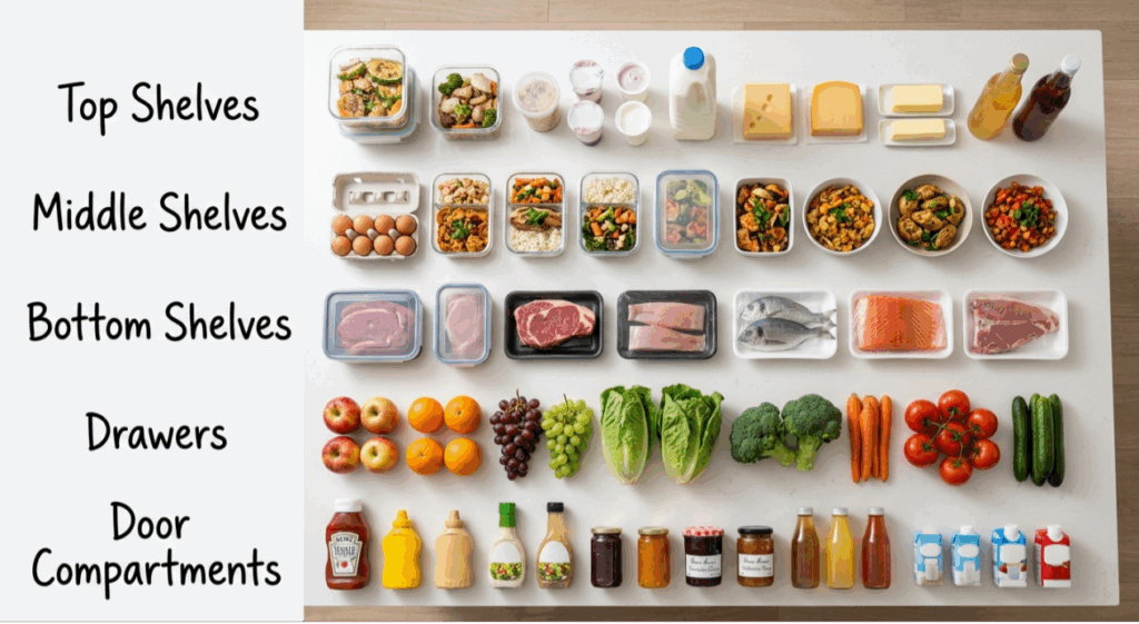 Refrigerator zone organisation guide showing proper food placement from top to bottom shelves