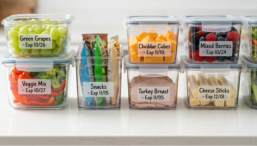 Clear plastic containers and labeled bins used for organised refrigerator food storage