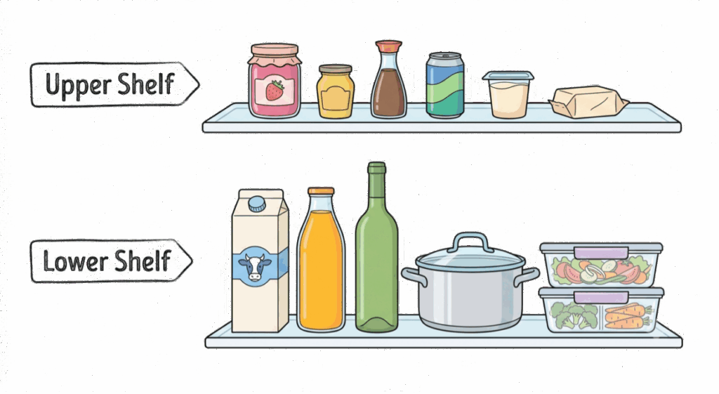 Adjustable refrigerator shelves and pull-out drawers configured to hold tall bottles and various food containers